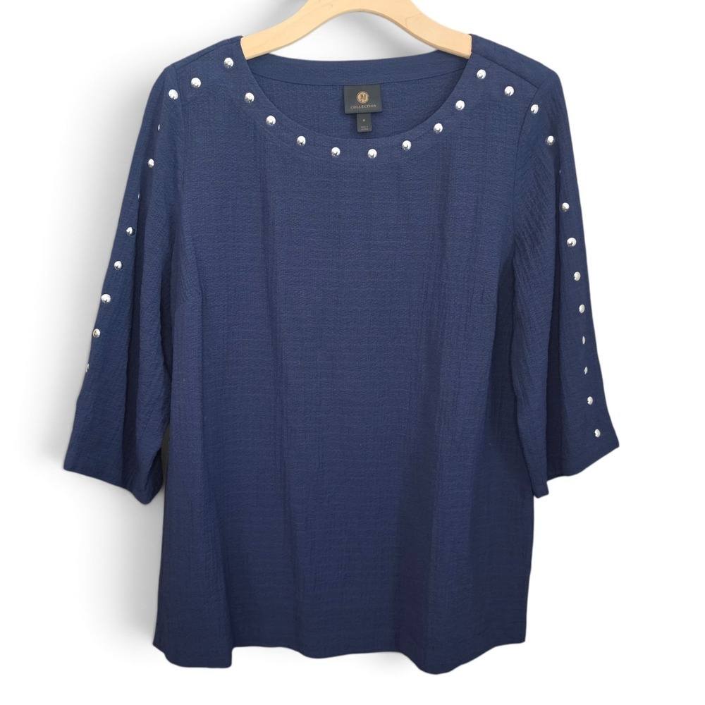 JM Collection Top Womens Medium Blue Silver Studded Grommet 3/4 Sleeve Blouse M
